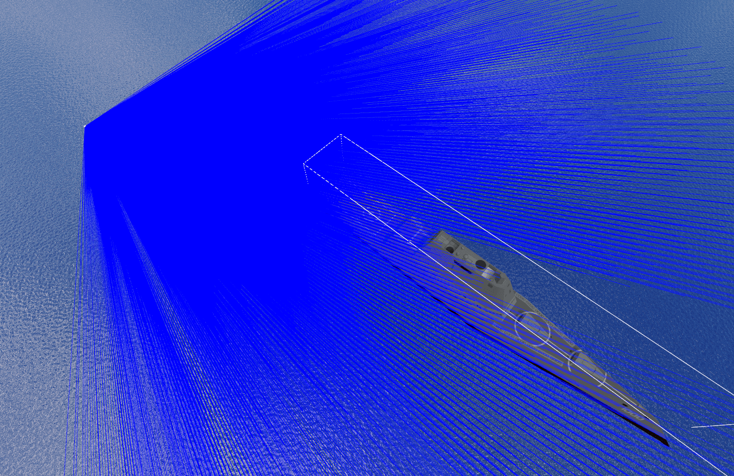 A high oblique view in Gazebo looking down on the water. Blue LiDAR returns cover most of the frame, and the Zumwalt-class destroyer sits on the lower right, its hull traced by white outlines running the length of the ship.