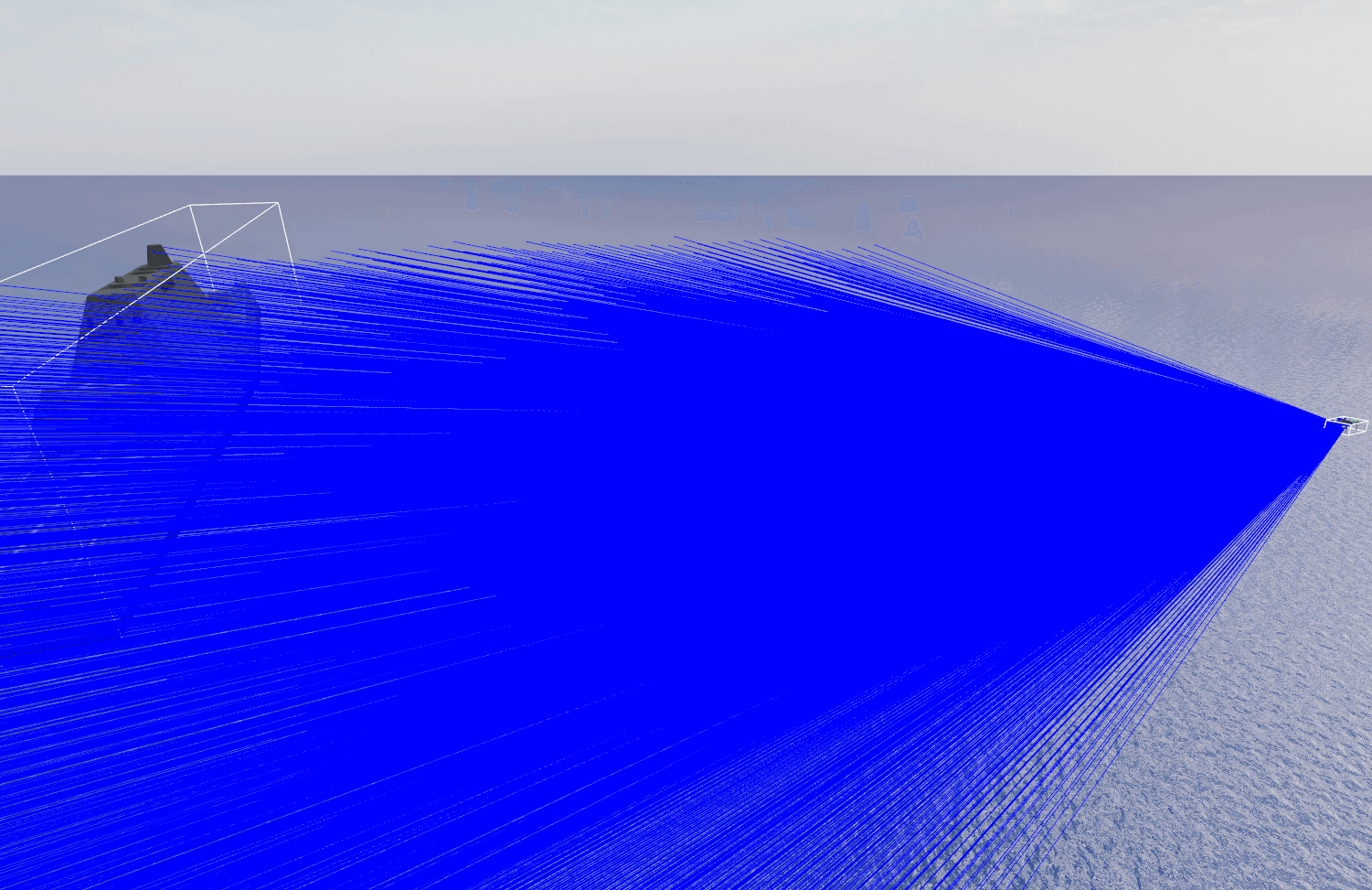 A Gazebo scene over open water. The quadrotor is a small wireframe at the right of the frame, and a dense fan of blue LiDAR rays spreads from it across the sea to a Zumwalt-class destroyer at the far left, which is picked out by a white outline.