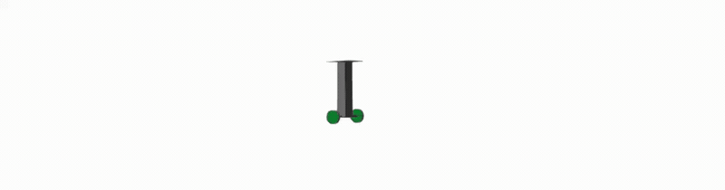 The simulated robot, a flat body on two green wheels, holding itself upright while the wheels drive underneath it and it travels across the frame.